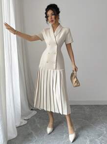 Elenzga 女士法式通勤优雅下午茶会商务休闲办公室别致简约高端翻领金属纽扣双排扣褶边短袖连衣裙，春夏 - 杏色 - 查看 6