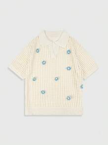Manfinity CasualKnits Men's Loose Fit 3D Floral Decor Hollow Out Casual Knitted Short Sleeve Top,Commute, Spring/Summer, Vacation, Party,Boyfriend Gift, Beachwear