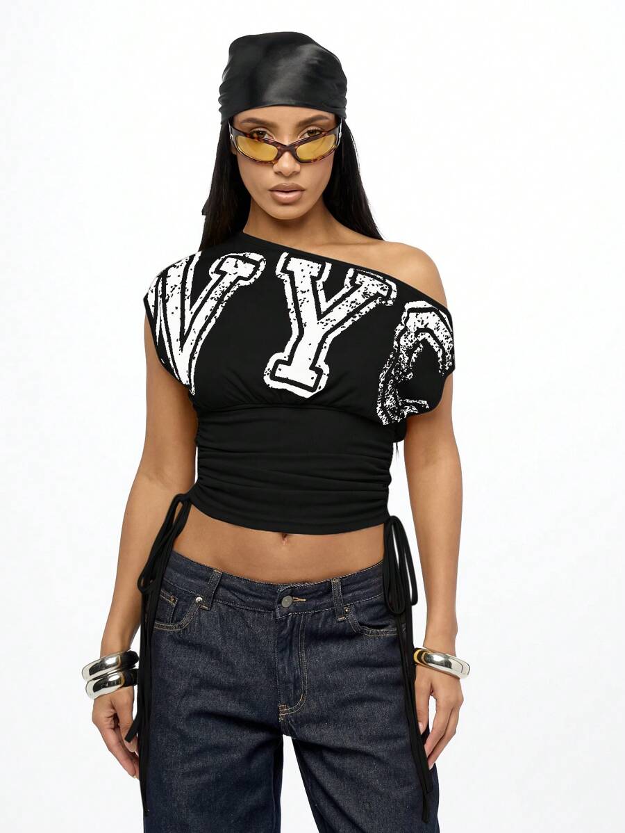 SUMWON WOMEN Off Shoulder Ruched Side Varsity Print Crop Top Y2K Urban Street Style Athleisure Fall Winter Party Club Wear Off The Shoulder Top - Black - View 1