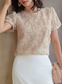 DAZY Blusa de mujer con cuello redondo, manga abullonada, textura floral y adornos de strass - Rosa - Ver 6