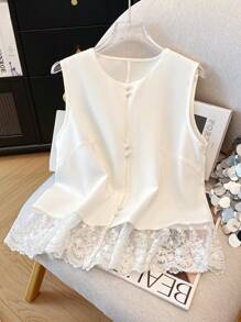 Franclia 女士纯色休闲蕾丝刺绣无袖衬衫，带设计细节，春夏 - 白色 - 查看 5