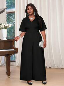 SHEIN Lady Spring And Summer Elegant Commuting Office White Woven Overlap Collar Batwing Sleeve Long Short Sleeve Plus Size Jumpsuits - Black - View 4