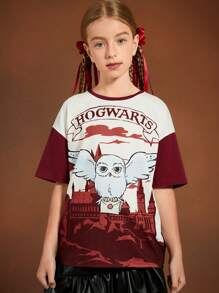 HARRY POTTER X SHEIN Tween Girl Owl Castle Print Red And White Casual Short Sleeve T-Shirt - Burgundy - View 3