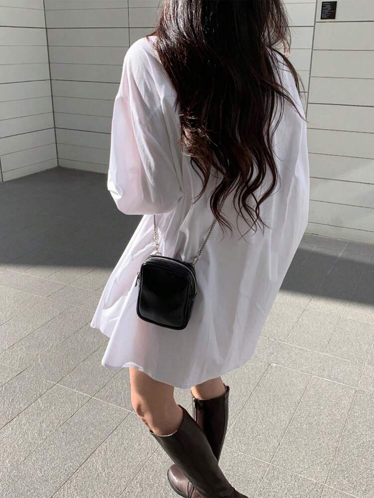 Women's Loose Pocket Long Length Shirt, Solid White, Spring/Autumn Preppy Tops,Fall Women Clothes Long Sleeve Top