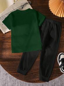 GraphicGems 2pcs Boys Casual Cartoon Print Short Sleeve T-Shirt And Pants Set - Army Green - View 3