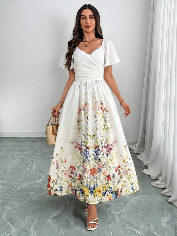 Women's Floral Print Ruffle Sleeve Elegant Dress, Suitable For Vacation