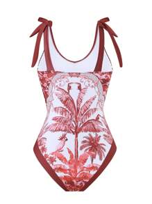 Swim Oasis 2pcs Women's Digital Print Mesh Long Skirt And Strappy One Piece Swimsuit Co-Ord Set, Vacation Style High-End Outfit For Summer - Red - View 8