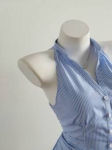 Elamini Women's Casual Slim Fit Blue And White Striped Collarless Sleeveless Blouse