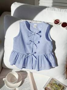 SHEIN Young Girl Cute Summer Versatile Pink Striped Bow Sleeveless Blouse