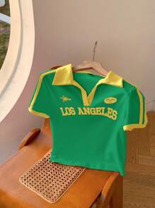 Comfortcana Camiseta ajustada de cuello polo con estampado de colores contrastantes en estilo vintage para mujer