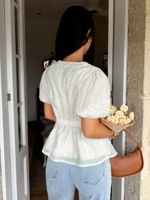 Serisse Áo sơ mi tay bồng thêu trơn màu đơn giản cho nữ, mùa hè - Màu be - Xem 2