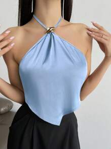 Aloruh 女式蓝色无袖背心，下摆和吊带不对称设计 - 淺藍色 - 查看 5