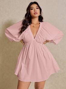 Elaquor Vestido informal de talla grande para vacaciones, de unicolor y manga de farol - Rosa vieja - Ver 6
