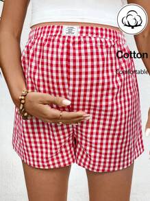 SHEIN Red Gingham Maternity Mini Shorts: Casual Woven Cotton Comfort For Everyday Wear