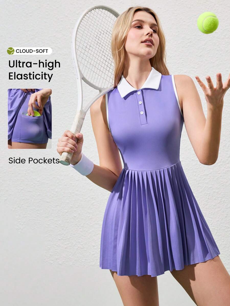 CourtClass 女式夏季无袖褶边拼色运动连衣裙 - 紫色 - 查看 1