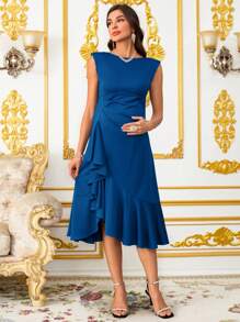 SHEIN Blue Maternity Dress Maternity Summer Elegant Ruffle Hem, Blue Maternity Dress,Pregnancy Outfits - Blue - View 4