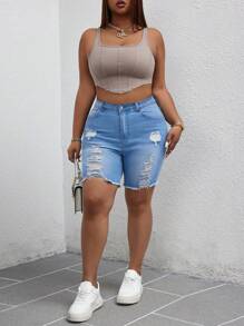 SHEIN SXY Plus Size Distressed Denim Shorts, Fashionable For Summer - Light Wash - View 2