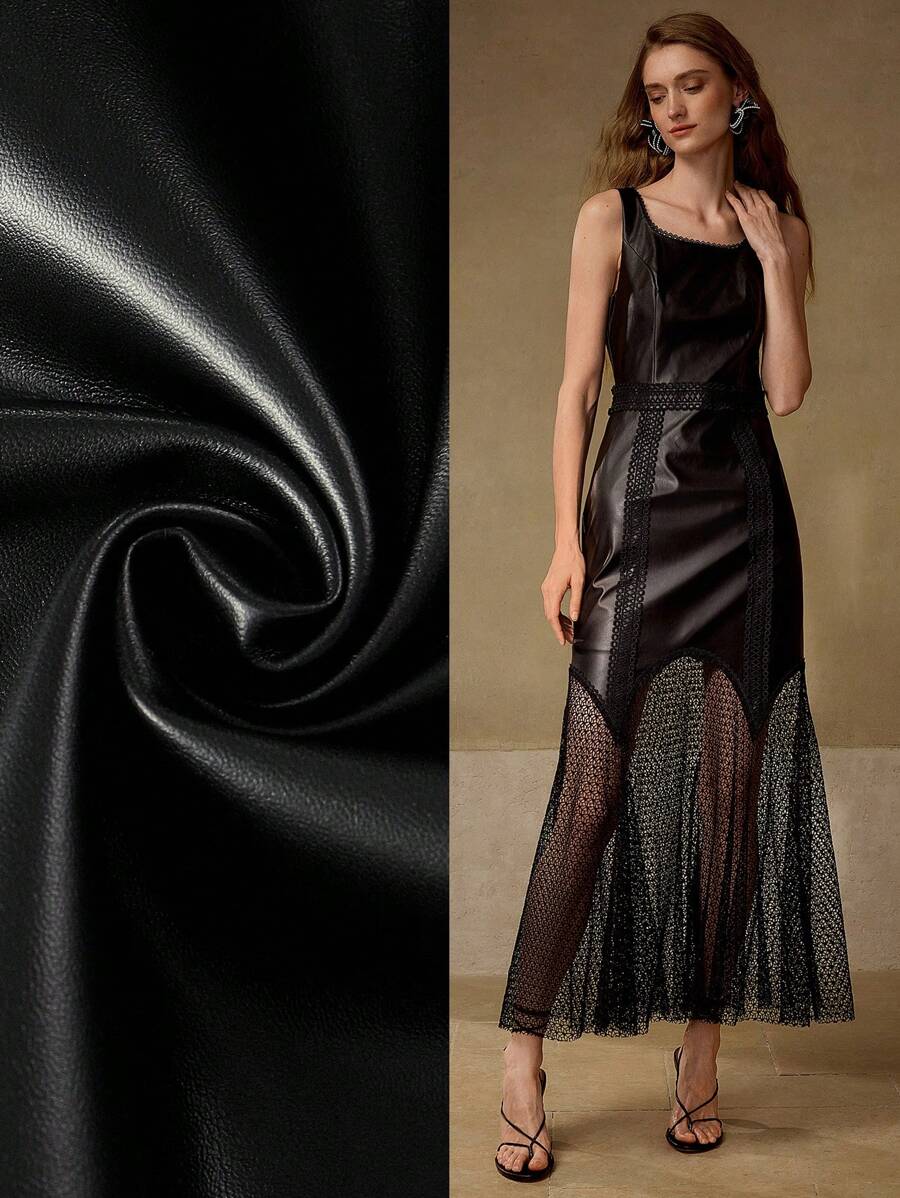 MOTF PREMIUM VESTIDO CON CUELLO REDONDO, CINTURA CEÑIDA Y ENCAJE CONTRASTANTE - Negro - Ver 1