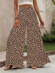 SHEIN LUNE Pantalones holgados de tiro alto y pierna ancha con estampado total para mujer - Albaricoque - Ver 1