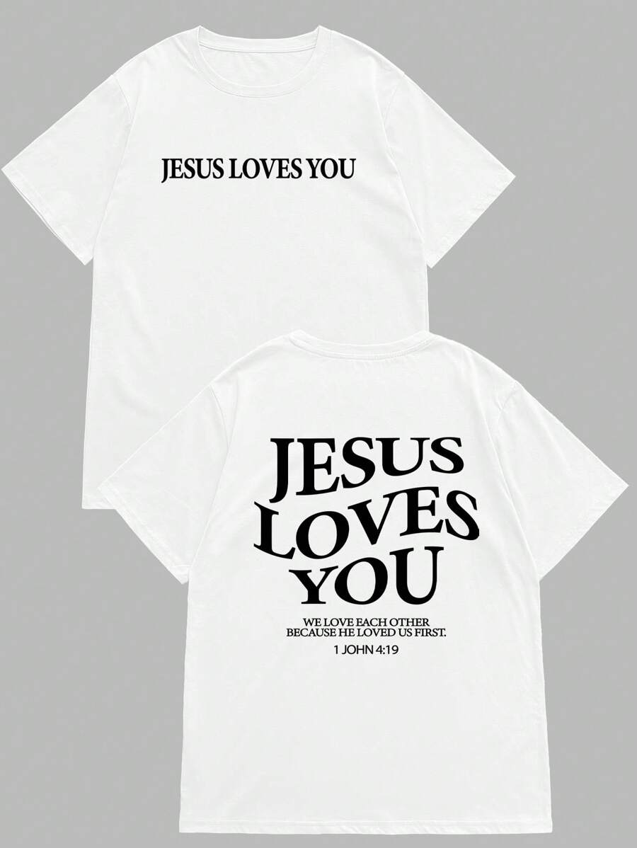 Manfinity Dauomo Jesus Loves You T-Shirt, Jesus T-Shirt, Christian Shirt, Aesthetic Clothing, Bible Verse Shirts, Jesus T-Shirt, Christian Products, Soft Colorful Round Neck Printed T-Shirt For Men - White - View 1