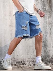 Manfinity LEGND Men's Casual Basic Denim Shorts In Medium Wash With Ripped Details And A Short Length - Medium Wash - View 3
