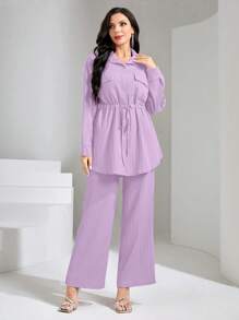 Graceveil 翻盖口袋抽绳腰衬衫和阔腿裤两件套 - 淡紫色 - 查看 3