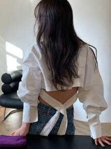DAZY Women's Solid Color Tie-Waist Cropped Long Sleeve Shirt, White, Spring/Summer/Autumn