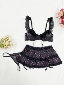 SHEIN Bộ đồ lót lưới ren tương phản 3 món cho nữ có áo ngực có gọng, quần lọt khe và váy ngắn - màu đen - Xem 3
