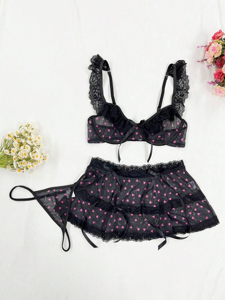 SHEIN Bộ đồ lót lưới ren tương phản 3 món cho nữ có áo ngực có gọng, quần lọt khe và váy ngắn - màu đen - Xem 3