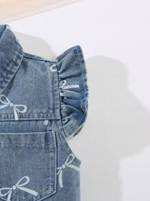 Young Girl' Casual Cute Bow Print Short Cap Sleeve Denim Set - Light Wash - View 3