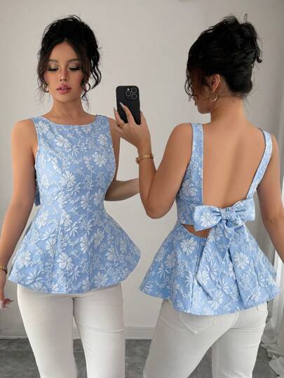 Elenzga 女式优雅露背蝴蝶结装饰修身短款背心，带花卉纹理图案，春夏