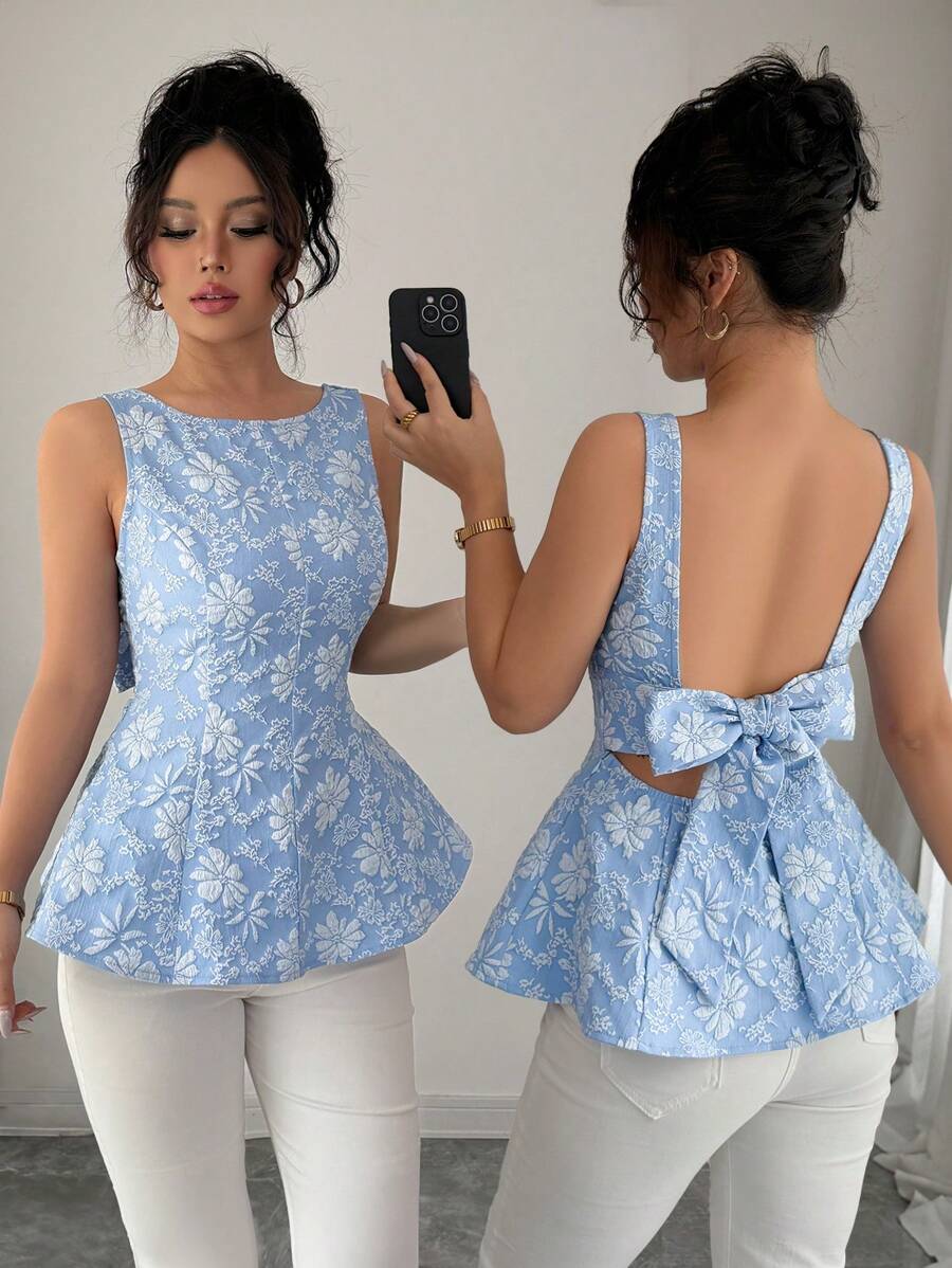 Elenzga Áo ba lỗ hở lưng thanh lịch trang trí nơ cho nữ, họa tiết hoa, mùa xuân/hè - Màu xanh lam - Xem 1