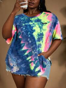 SHEIN CURVE+ 大码女式圆领扎染拼布针织 T 恤，返校季，休闲街头