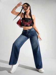 SHEIN PETITE 休闲水洗低腰直筒牛仔裤 - 深色水洗藍 - 查看 2