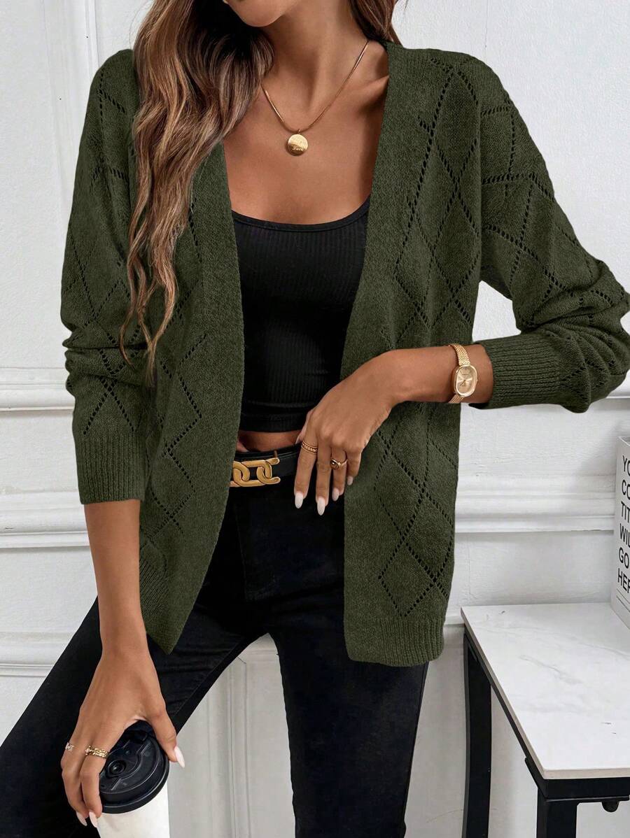 EMERY ROSE Casual Comfortable Hollow Out Rhombus Pattern Women Cardigan Fall Winter Cloth For Women - Green - View 1