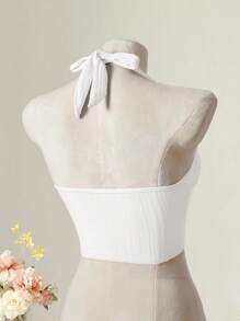 SHEIN MOD 领口系带前褶皱针织提花粉色比基尼上衣，乡村音乐会，可爱，卡哇伊 - 白色 - 查看 5