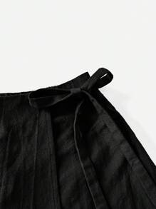 SHEIN Essnce 女士纯色打结不对称下摆休闲短裤夏季2条装裙子配短裤蝴蝶结短裤女式亚麻短裤 - 杏色 - 查看 9