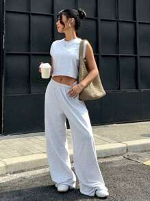 Muchica 2pcs/Set Woman Solid Color Round Neck Casual Loose Top & Pants All White Outfit Set - Grey - View 3