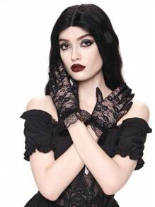 ROMWE Kawaii 1 Pair Women Rose Bride Style Black Lace Short Full Finger Gloves, Suitable For All Seasons - Black - View 3