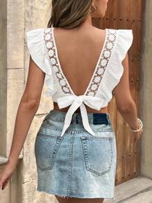 SHEIN Frenchy Women's Sexy Solid Color Backless Cap Sleeve Cropped Blouse, Summer White Vacation Holiday Resort - White - View 5