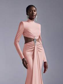 Elitara 简约水钻装饰美人鱼长裙，适合正式活动、派对和晚会，适合女士、派对礼服、长袍、晚会、婚礼宾客 - 粉色 - 查看 2