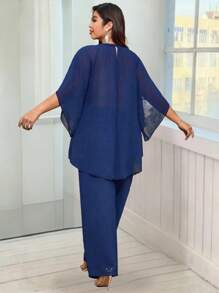 SHEIN Belle 2pcs Plus Size Chiffon Multi-Layer V-Neck Short Sleeve Blouse + Straight Loose Pants Casual Outfit For Work - Navy Blue - View 8