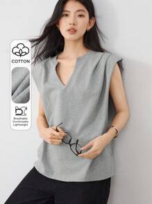 Dazy-Less Camiseta informal de mujer de cuello en V y manga corta suelta con unicolor y diseño plisado, estilo "Old Money" para el verano