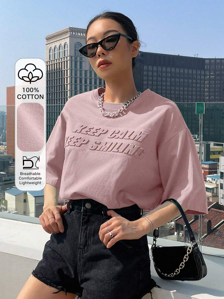 DAZY Slogan Pattern Drop Shoulder Tee KEEP CALM KEEP SMILING Oversized T-Shirt - Dusty Pink - View 1