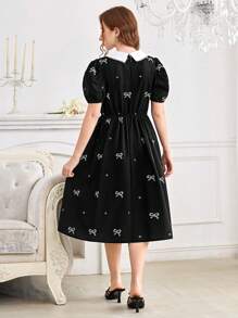 Teen Girl Elegant Sweet Bowknot Decor Black Mid-Length Dress, White Lace Collar Puff Sleeve Cinched Waist Midi Dress For Teenage Girls - Black - View 2
