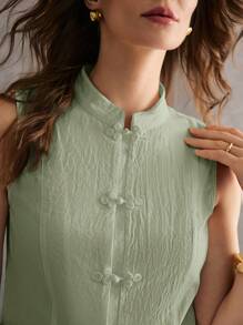 Poéselle Women's Elegant Solid Color Stand Collar Button-Up Camisole - Mint Green - View 9