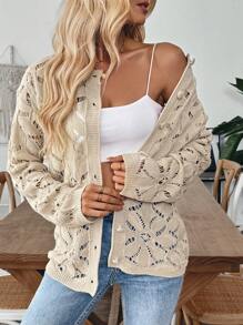 SHEIN LUNE 女士宽松纯色镂空单扣开衫，适合度假穿着 - 白色 - 查看 1