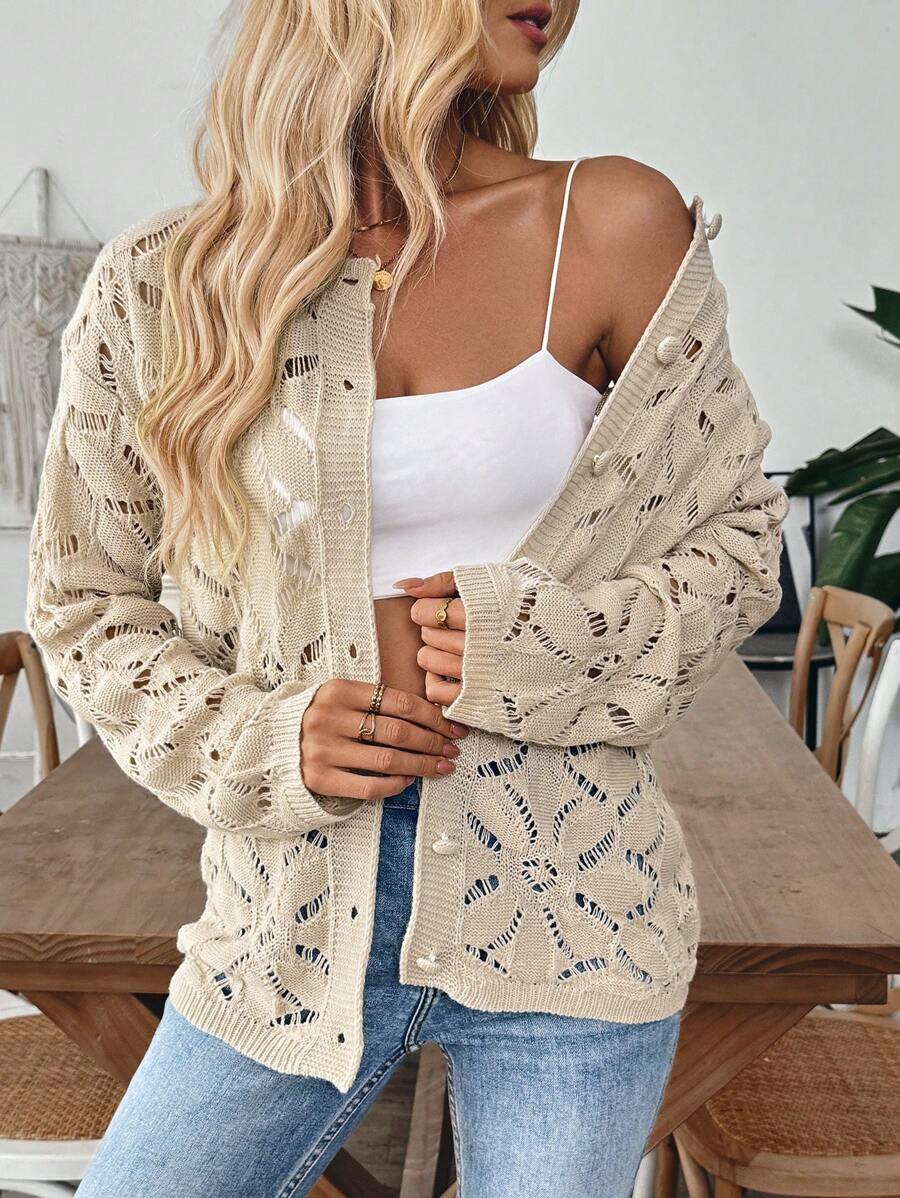 SHEIN LUNE 女士宽松纯色镂空单扣开衫，适合度假穿着 - 白色 - 查看 1