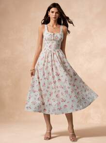 Poéselle Women's Summer Square Neck Sleeveless Ditsy Floral Dress, Wedding Vacation Outfit, Brunch Tea Party Dress - Pink - View 2