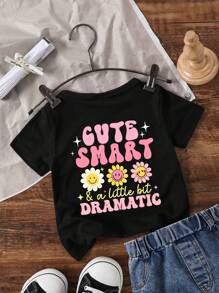 Baby Girl Casual Fashion Colorful Sunflower & Letter Print Short Sleeve T-Shirt For Summer - Black - View 2